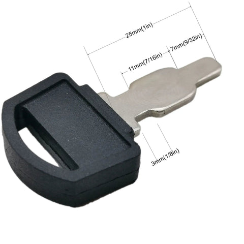 Close-up of metal ignition key for Honda and clone generators, replacement part 35111-880-013, showing dimensions and black plastic handle.