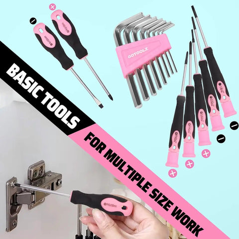 Pink 269 Piece All-In-One Home Tool Set With Storage Bag including screwdrivers and hex keys