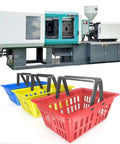 Heavy Duty Automatic Injection Molding Machine For Plastic Parts Manufacturing With Hydraulic System For Chairs And Household Goods, showing blue, yellow, and red plastic baskets.
