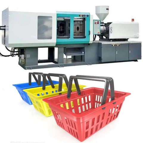 Heavy Duty Automatic Injection Molding Machine For Plastic Parts Manufacturing With Hydraulic System For Chairs And Household Goods, showing blue, yellow, and red plastic baskets.