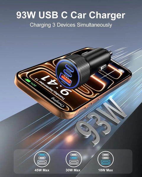 Hella Fast 93W Usb C Car Charger With 45W And 30W Pps Ports Pd3.0 Quick Charge for simultaneous device charging.