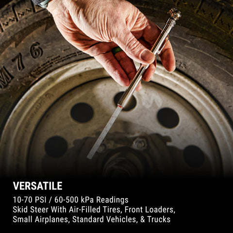 Person using High Pressure Car Tire Gauge With Pencil Style Tread Depth Meter Built In Deflator Valve One Sixteenth Inch Increments