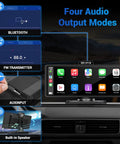 Wireless CarPlay Screen With 4K Dash Cam And 10.26 Inch Portable Touchscreen showing four audio output modes in a car dashboard setup