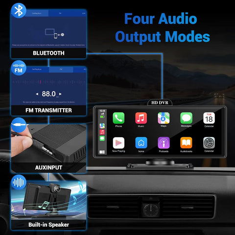 Wireless CarPlay Screen With 4K Dash Cam And 10.26 Inch Portable Touchscreen showing four audio output modes in a car dashboard setup