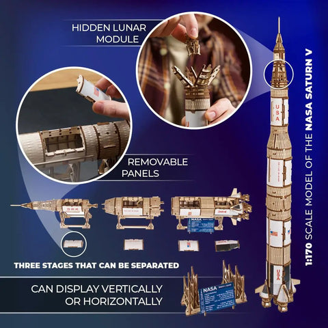 Saturn V 3D Puzzle Kit for Adults Wooden Model Rocket Set Space Shuttle Model Aerospace Engineering Gift Epic Nerdy Brain Teaser Hobby Craft Full DIY Kit for Collectors and Builders, 1:170 scale wooden NASA rocket with removable panels