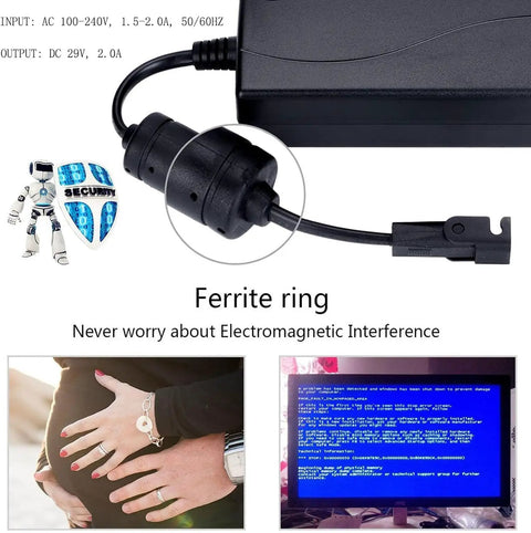 29V Power Adapter for Adjustable Bed Frames and Desks, 2A DC Charger Cable visible with ferrite ring close-up