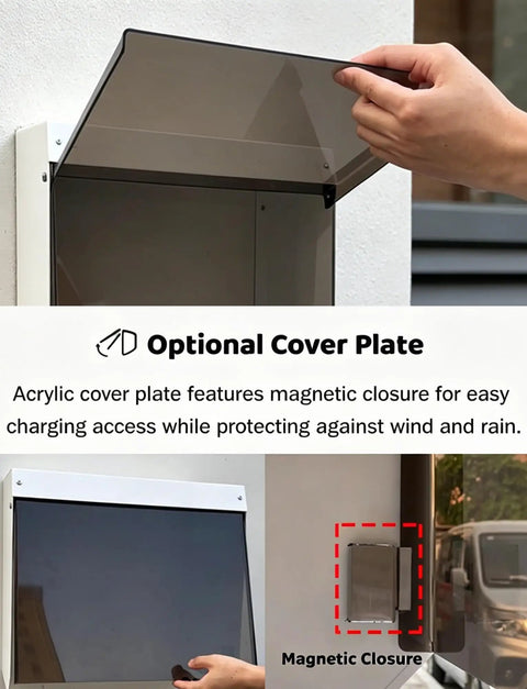 Top Shelf Electric Vehicle Charger Cover Box Crafted From Solid Galvanized Steel Featuring Magnetic Acrylic Panel showing optional cover plate.