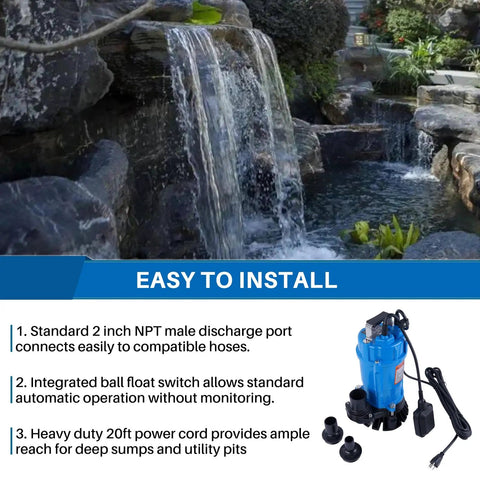Built Tough 2 Inch Submersible Trash Pump Float Switch Replacement Compatible With Tsurumi Hsz24s Hsz24s62 installed near a waterfall.