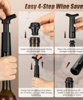 Easy 4-step use of Wine Saver Vacuum Pump With 4 Reusable Stoppers Your Go To Bottle Preserver And Sealer Keeps Red And White Wine Fresh Up To 7 Days Easy Manual Operation Ergonomic Handle Perfect Gift Idea