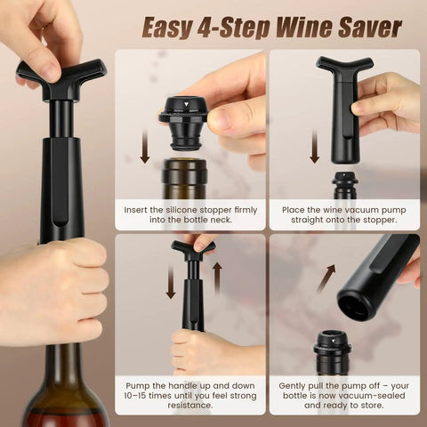 Easy 4-step use of Wine Saver Vacuum Pump With 4 Reusable Stoppers Your Go To Bottle Preserver And Sealer Keeps Red And White Wine Fresh Up To 7 Days Easy Manual Operation Ergonomic Handle Perfect Gift Idea