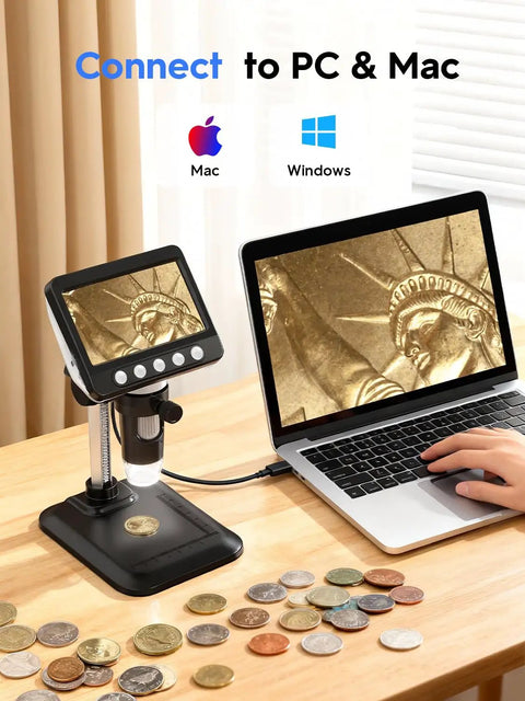 4 Point 3 Inch LCD USB Digital Coin Microscope With Screen 1080P HD Imaging Real Time Video 50X To 1000X Magnification Eye Friendly Viewing For Coins And Tiny Details, connected to laptop