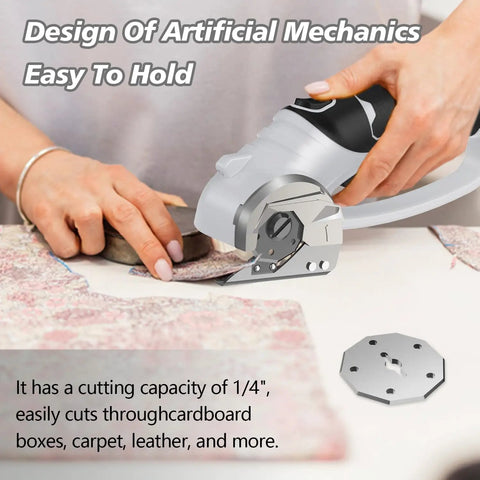 Super Lightweight Cordless Electric Scissors With 4V Battery And LED Light cutting fabric on a table, featuring ergonomic design.