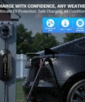 Tesla Compatible Level 2 EV Charger With 40A Adjustable Current 240V Portable Home Charger connected to a car in the rain