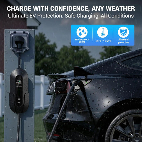 Tesla Compatible Level 2 EV Charger With 40A Adjustable Current 240V Portable Home Charger connected to a car in the rain
