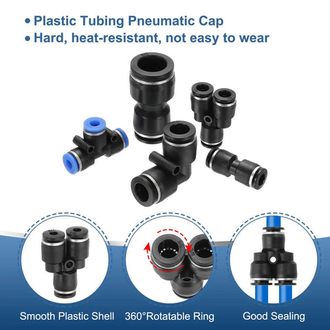 Six Pack Y Shape Push To Connect Fittings 1 8th Inch OD Tube Reducer Connector Quick Lock Air Hose Fittings For Pneumatic Systems Black Durable Plastic Body With Steel Clip shown from multiple angles