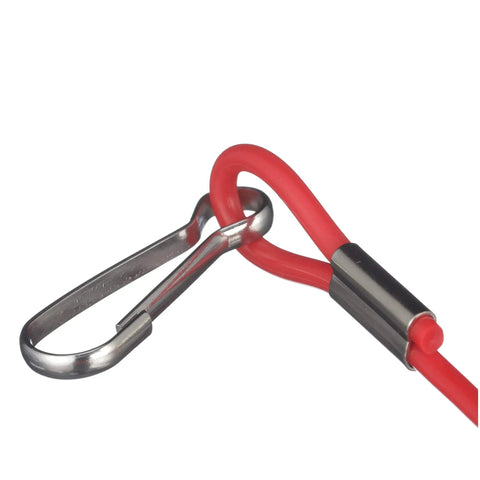 Close-up of Universal Boat Kill Switch Kit with red 50-inch coiled lanyard and stainless steel disconnect clip