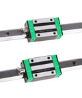 Two Pack HGR 20 Linear Guide Rails 800mm Long With Four Bearing Blocks For DIY CNC Routers Lathes And Mills Bang For Buck Setup That Delivers A Smooth Low Friction Precision Motion System In Your Home Shop. HGR20 linear rail with bearing block close-up, metal rail