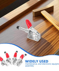 Four Pack Horizontal Toggle Clamps With Nonslip Tips, Quick Release For Welding And Woodworking, fixed on a wooden surface