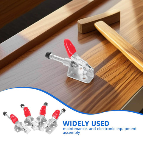 Four Pack Horizontal Toggle Clamps With Nonslip Tips, Quick Release For Welding And Woodworking, fixed on a wooden surface