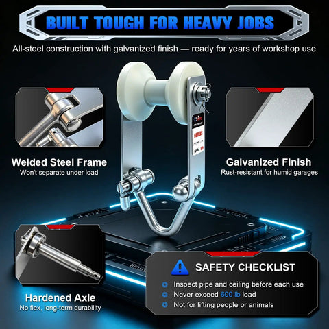 Beefy Heavy Duty Pipe Trolley For 1.37 to 2.36 Inch Round Pipes, showcasing welded steel frame and quiet nylon roller.