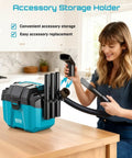 Woman using Cordless Wet And Dry Shop Vacuum For Garage And Car Cleanups Boss Grade 2.6 Gallon Mini Vacuum with accessory storage holder.