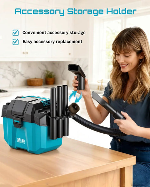 Woman using Cordless Wet And Dry Shop Vacuum For Garage And Car Cleanups Boss Grade 2.6 Gallon Mini Vacuum with accessory storage holder.