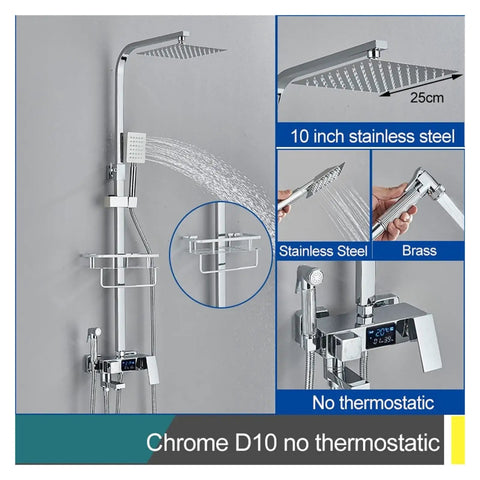 RIBEUJIZS Digital Shower System, Black Thermostatic Shower Faucets Digital Display Screen Cold Hot Mixer with 10 inch rainfall head.