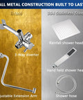 All Metal Shower Head With Handheld Combo High Pressure 10 Inch Rainfall Shower Head Chrome Finish, brass diverter, steel head