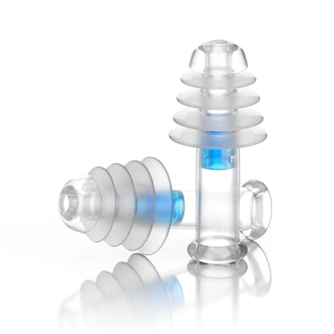 Two transparent Flight Ready Earplugs for Ear Pressure Relief on Flights Pain Free Takeoffs and Landings Cut Cabin Noise.
