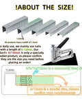 Top Shelf Steel Narrow Crown Nails For Heavy Duty Triple Action Staple Gun 1.2Mm Wire Gauge 4Mm To 14Mm 1000 Piece Pack showing dimensions and staple gun.