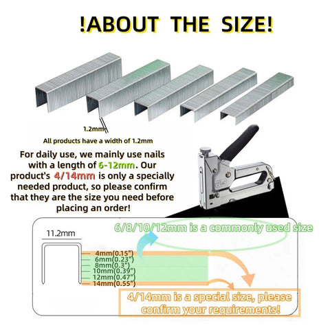 Top Shelf Steel Narrow Crown Nails For Heavy Duty Triple Action Staple Gun 1.2Mm Wire Gauge 4Mm To 14Mm 1000 Piece Pack showing dimensions and staple gun.