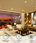 Modern living room with Ultra Slim 4 Inch LED Recessed Downlights With J Box Pack Of 6, dimmable 10.5W CRI90+ ceiling lights