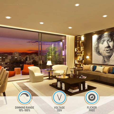 Modern living room with Ultra Slim 4 Inch LED Recessed Downlights With J Box Pack Of 6, dimmable 10.5W CRI90+ ceiling lights