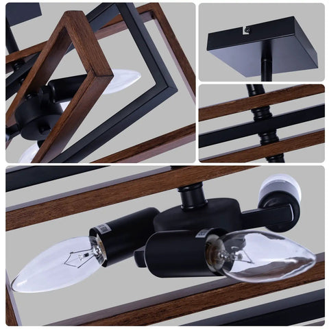 Dope Industrial Rectangle Flush Mount Ceiling Light With Rotatable Metal Frame In Rustic Faux Wood Finish, bulb detail view.