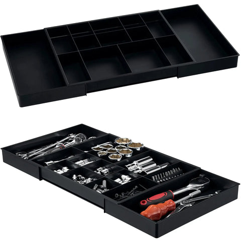 Expandable Large Toolbox Storage Tray Kit With Tray Divider Set For Rolling Tool Chest Drawers, shown empty and with tools.