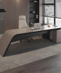 Top Tier Executive Office Desk With Sturdy Chair And Roll Away Lateral File Cabinet Silver Sandalwood Finish, ergonomic design, modern workspace.