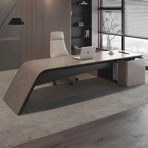 Top Tier Executive Office Desk With Sturdy Chair And Roll Away Lateral File Cabinet Silver Sandalwood Finish, ergonomic design, modern workspace.