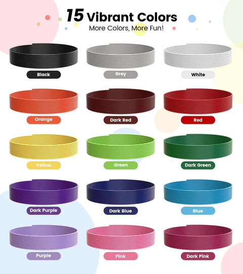 15 vibrant color options of 15 Color 1.75Mm 3D Pen Filament Refills Set, 240 Feet Total, compatible with SCRIB3D and MYNT3D models