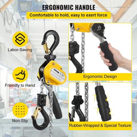 Go To Handheld Mini Lever Chain Hoist Half Ton 10 Foot G80 Alloy Steel Chain with ergonomic handle detail
