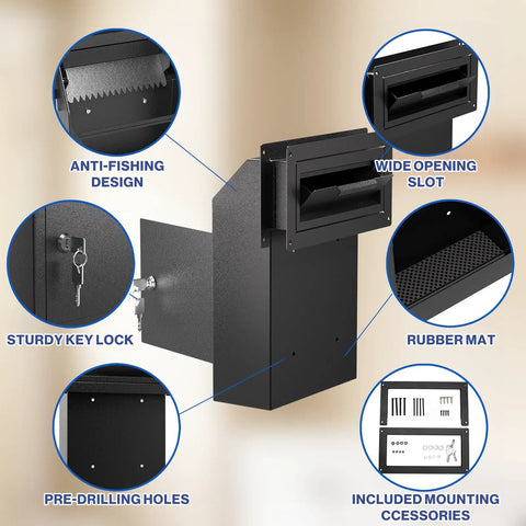 Through The Door Locking Mail Drop Box For Mail And Keys Heavy Duty Steel Lockbox with rear access showing key lock and features.
