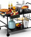 Outdoor Pizza Oven Table With Topping Station And Prep Cart For Blackstone Griddles All In One Grill Cart Table With Storage And Seasoning Tray Compatible With Ninja Cuisinart And Gozney Ovens, featuring pizza oven, drinks, and toppings.