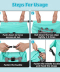 Steps for using Low Profile 25L Waterproof Deck Bag For Paddle Boards And Kayaks Roll Top Dry Bag, including rolling and buckling.