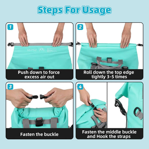 Steps for using Low Profile 25L Waterproof Deck Bag For Paddle Boards And Kayaks Roll Top Dry Bag, including rolling and buckling.