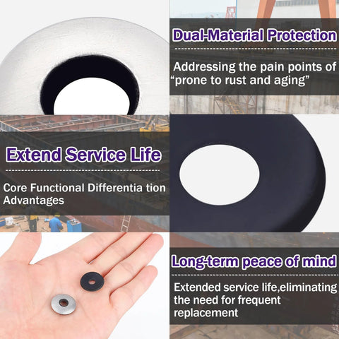 Front view: Ranstac 14x1 stainless steel bonded sealing washers (neoprene/EPDM) in silver and black, held in hand.