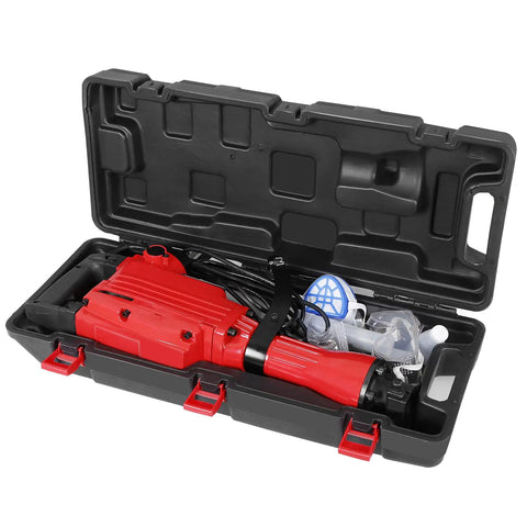 2200W Corded Electric Demolition Jack Hammer Drill in black lockable case with gloves and safety mask