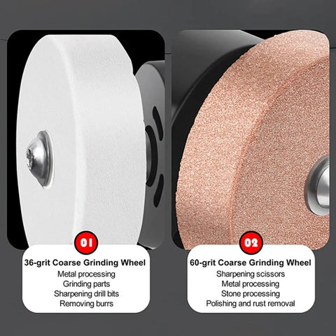 Glomora Mini Bench Grinder For Milwaukee Battery Cordless Machine showing 36-grit and 60-grit coarse grinding wheels for metal polishing.
