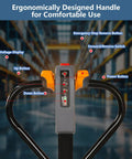 Control panel of a Heavy Duty Electric Pallet Truck With 4400 Lb Capacity For Tough Warehouse Work with ergonomic handle design.