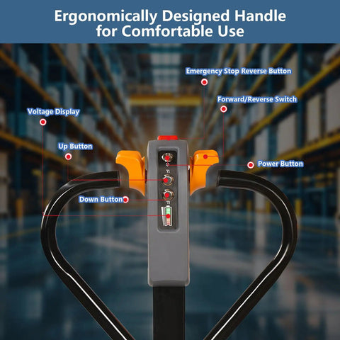Control panel of a Heavy Duty Electric Pallet Truck With 4400 Lb Capacity For Tough Warehouse Work with ergonomic handle design.
