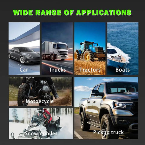 Wide range of vehicles for smoke machine leak detection, including cars, trucks, tractors, boats, motorcycles, snowmobiles, pickup trucks.