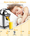 Healnitor 150W Electric Citrus Juicer with Two Cones pouring juice into a glass, showcasing quiet operation and stainless steel design.